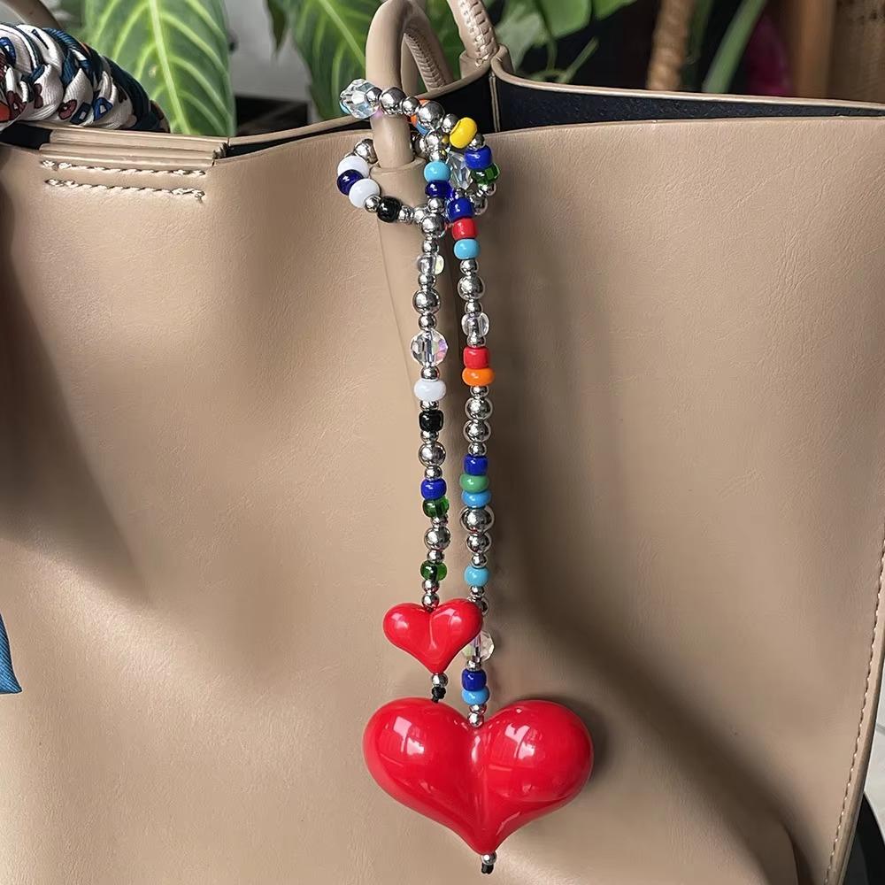 Yellow Duck Double Love Bag Pendant Y2K Charm Beads Keyring Big Size Heart Keychain Woman Lady