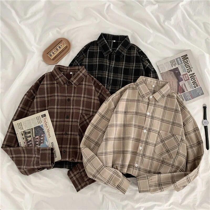 2023 Autumn Casual Vintage Plaid Shirts Fashion Women Korean Style Long Sleeve Button Up Shirt Tops Office Blusas Elegant 29399