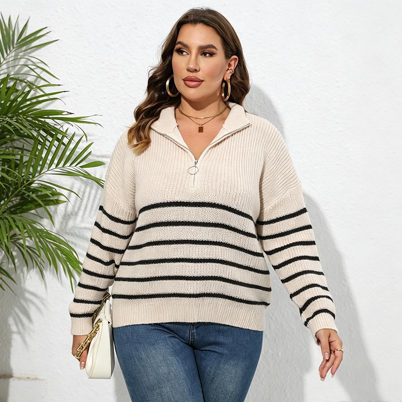 New women's sweater, cross-border European and American plus-size knitwear, striped patchwork, high-neck, zip-up, loose-fitting, machine-knit sweater