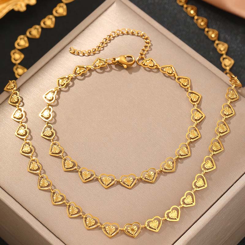 Stainless Steel Gold Color Hollow Heart Necklace Bracelet Set For Women Fashion Metal Double Layer Heart Couple Necklace Jewelry