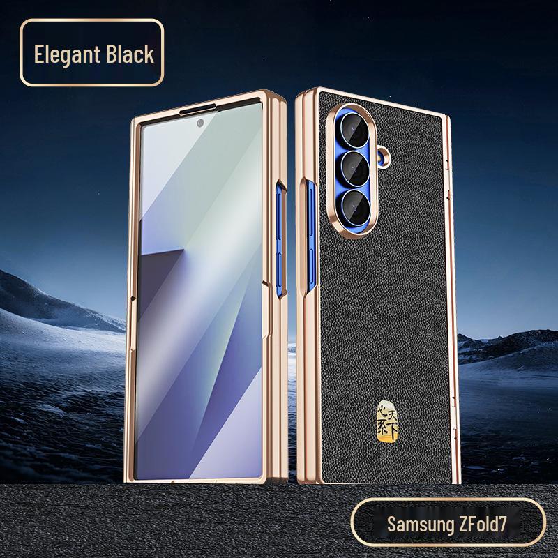 Оригинальный кожаный магнитный чехол для телефона Samsung Z Fold7/6 - Гальванизированный защитный корпус с узором "Личи" и встроенной пленкой.