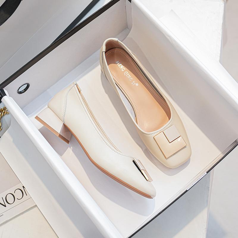 Женские туфли на толстом каблуке с квадратным носком, весенние туфли на среднем каблуке с квадратной пряжкой, из мягкой кожи, туфли бабушки, туфли для работы, на мягкой подошве