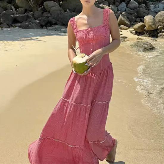 Женское платье макси без рукавов в клетку в клетку с круглым вырезом, длинное платье со сборками, сарафан А-силуэта с рюшами и бретелями, струящийся