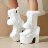 Lovely Lolita Mid-Calf Boots Women's Platform Thick Heels Sweet White Show Party Cosplay Ladies Fur Zipper Boots Pom-pom Pendant