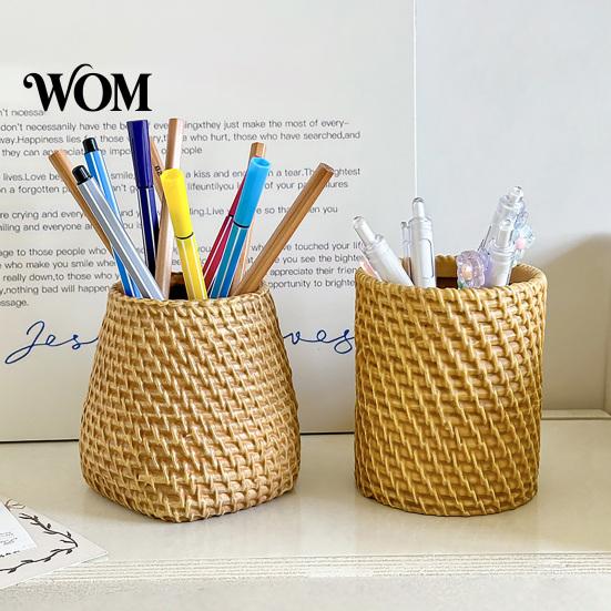 Pencil Organizer Faux Rattan Pen Holder, Woven Style Makeup Brush Boho Holder Desktop Organizer, Multi-functional Resin Cup for Home Office
