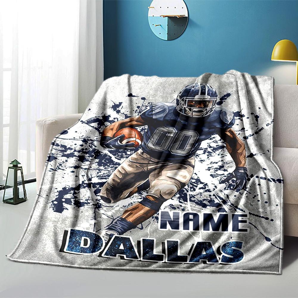 Dynamic Dallas Football Player In Action Throw Blanket Customize Your Name Soft Warm Cozy Great For Sofa Couch Office Bed Picnics Four Seasons