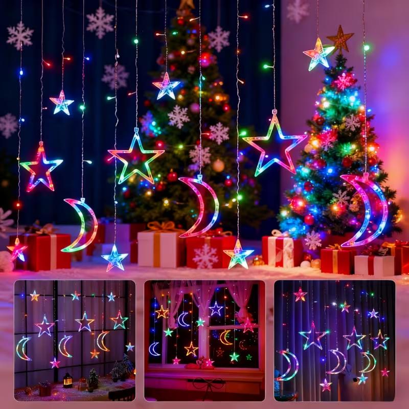 Christmas Curtain Light USB Powered Warm White Multicolor LED Star Moon String Light for Bedroom Window Xmas Decor New Year Gift