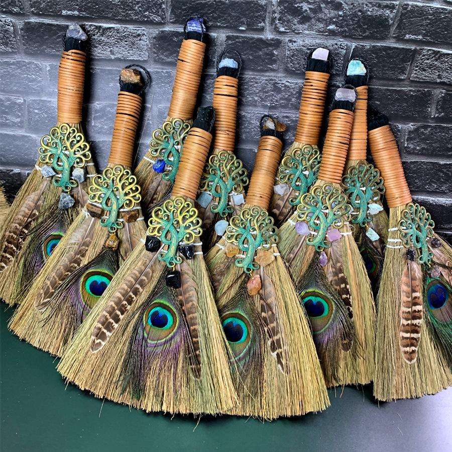 Big Broom Natural Amethyst Life Tree Halloween Peacock Feather Eye Altar Ornament Witch Mini Broom Home Decoration Handicrafts