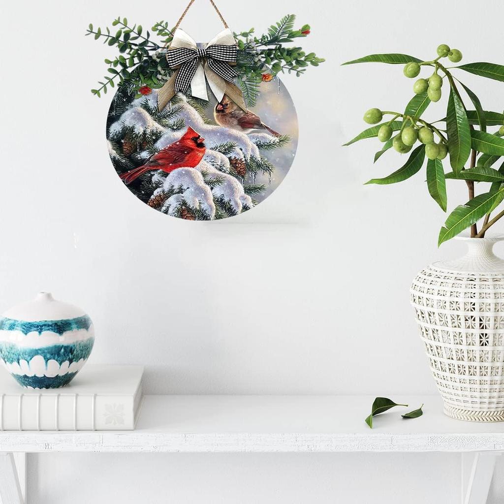 Aowotu Зимние венки на дверь с красными птицами для входной двери снаружи, круглые подвесные таблички с веткой кардинала для домашнего декора, праздничного крыльца, стены, фермерского дома, для использования в помещении