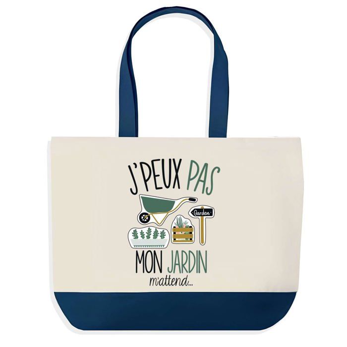 Tote bag - PLANETEE - Sac shopping fond bleu J'peux pas Jardin - Coton - 40 x 45 cm - Grand format