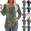 Women's Casual Top Printed Round Neck Long Sleeved Pleated T-shirt
