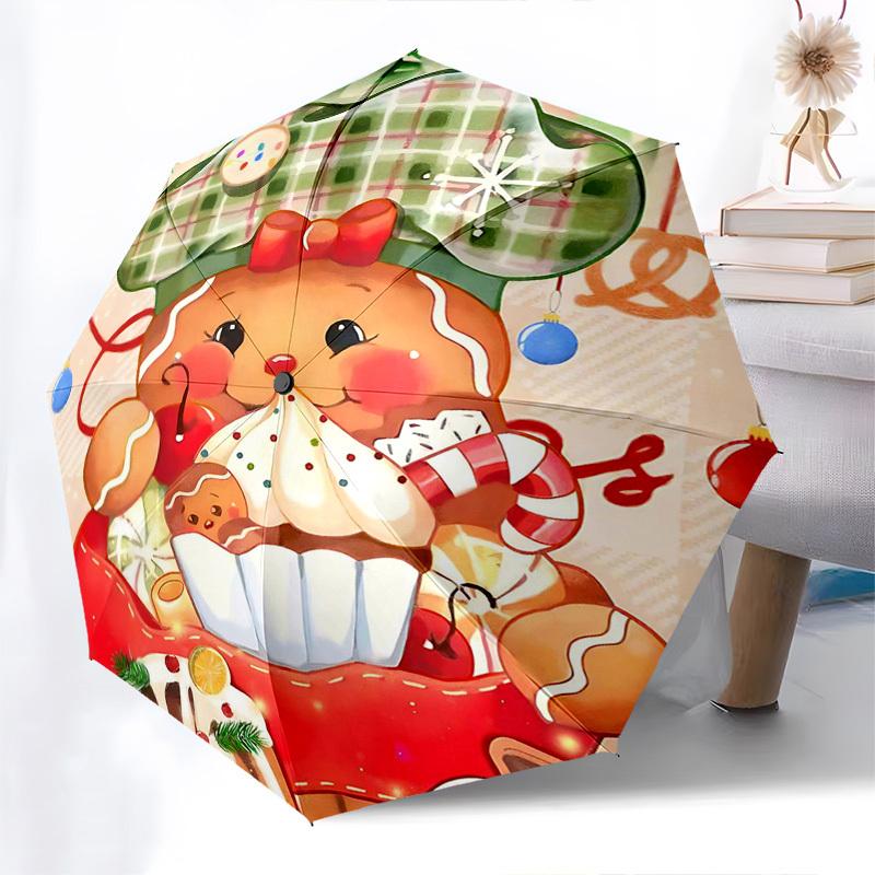 1pc Christmas Gingerbread Man Automatic Folding Umbrella, Portable 3-Fold Design with 8-Bone Iron Frame, Perfect for Fans, Travelers, Daily Use, and F
