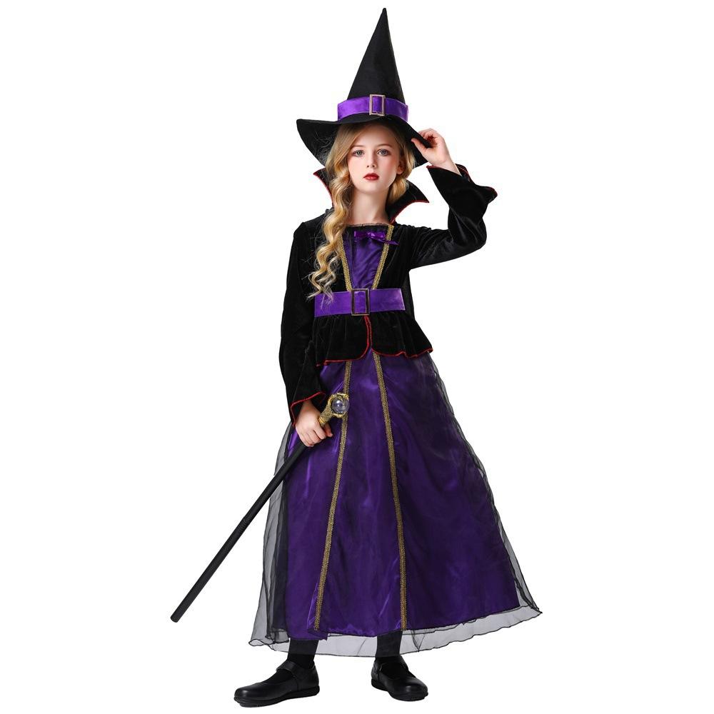New Children's Girls Halloween Purple Witch Dress Hat Set Cosplay Costume