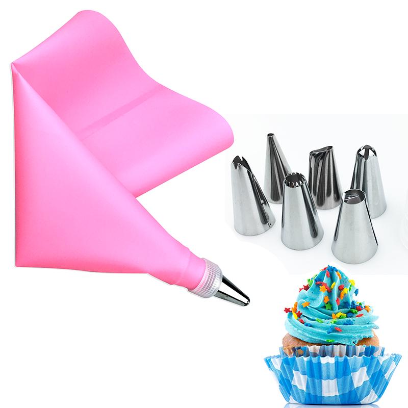 8 Pcc/Set Silicone Kitchen Accessories Icing Piping Cream Pastry Bag + 6 Stainless Steel Nozzle Set
