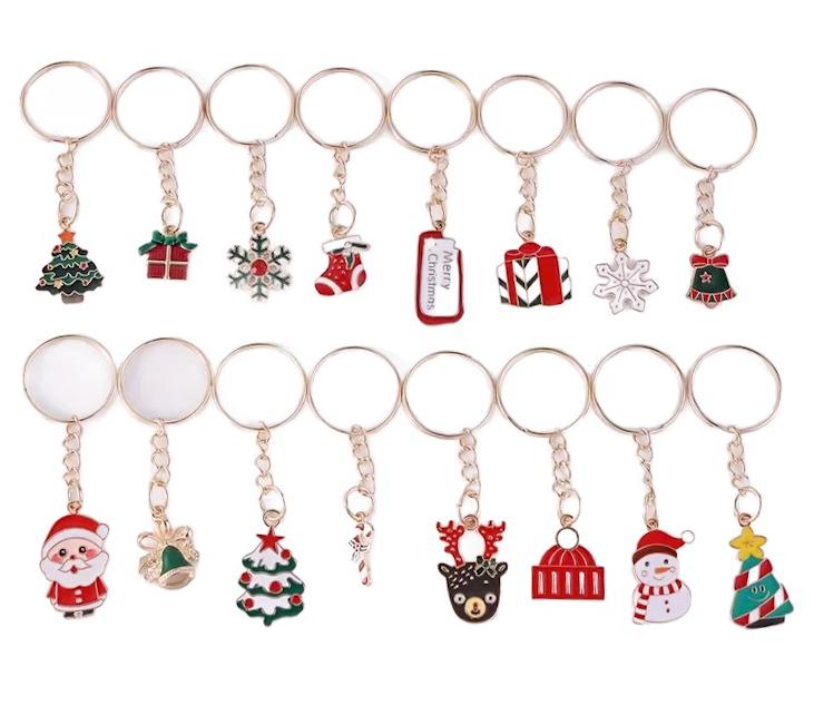 Gold Christmas Keychain with Pendant Mixed Patterns Set of 4
