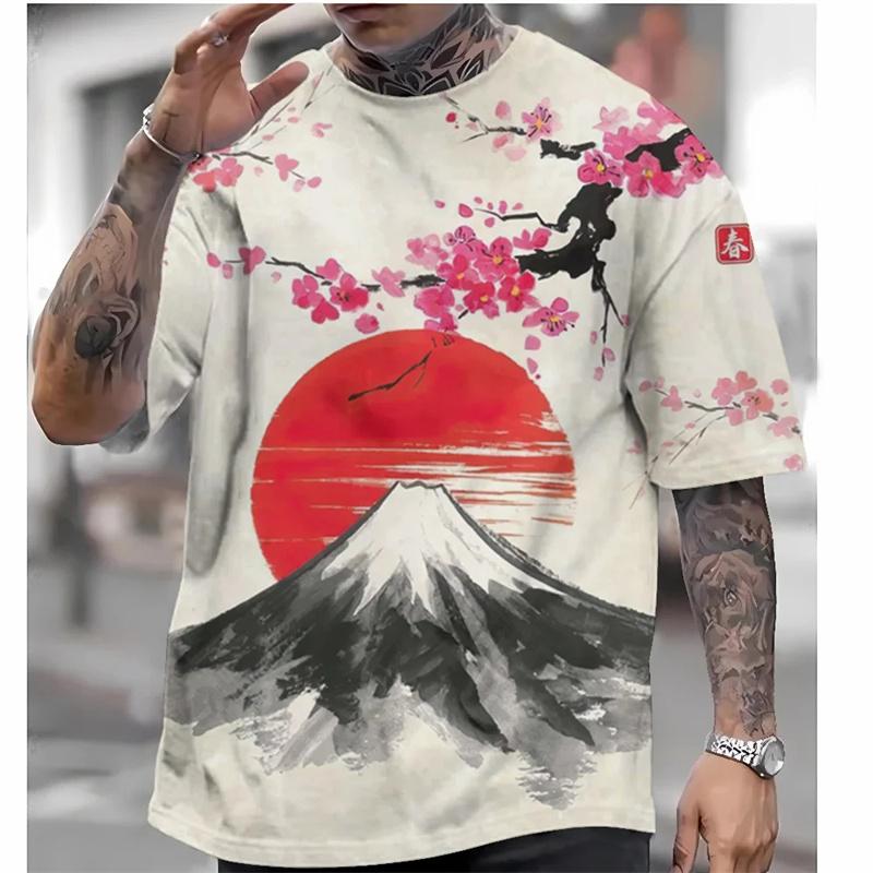 Японская футболка Ukiyo-e с 3D-принтом, мужские футболки с рисунком животных и пейзажей, летние уличные футболки Harajuku с круглым вырезом, футболки с коротким рукавом
