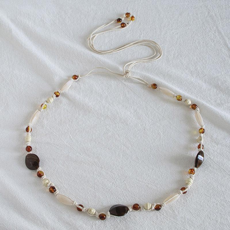 Бохо Стиль Вощеная Веревка Плетение Узлами Этнический Стиль Ручная Работа Деревянные Бусины Женский Пояс Повседневный Стиль для Отпуска Изысканная Поясная Веревка