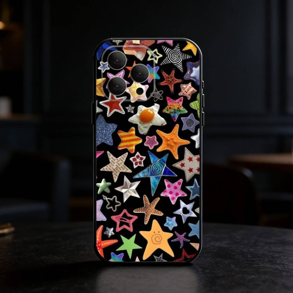 Красочный чехол со звездами для iPhone 17, 16, 15, 14, 13, 12, 11 Plus, Pro Max, SE4 Мягкий силиконовый черный чехол