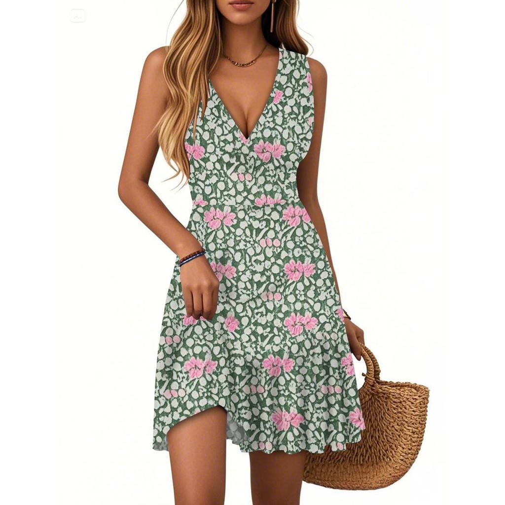 Women's Dress V-neck Sleeveless Casual Floral Print Hem Pleated Dress