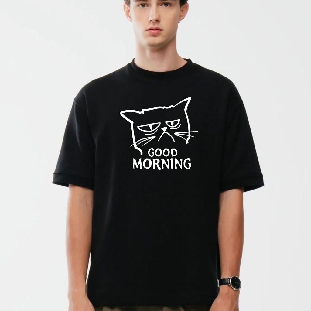 Funny Cat Good Morning T-Shirt Black Unisex Humor Grumpy Kitten Pet Lover Unisex 100% Cotton Novelty T-Top
