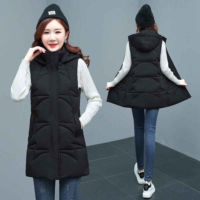 Осенне-зимняя женская однотонная свободная утолщенная теплая жилетка без рукавов средней длины с капюшоном, женская куртка