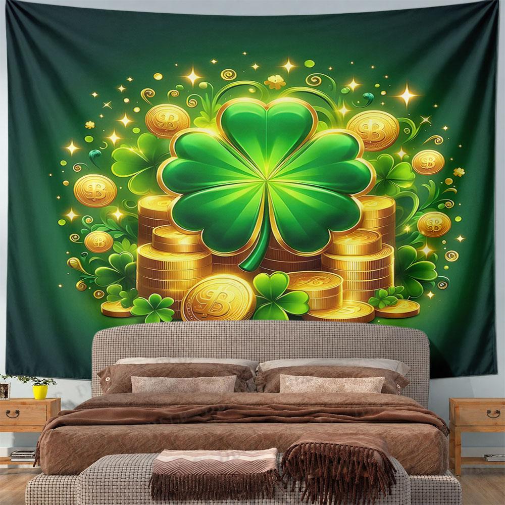 Lucky Clover and Gold Coins Design Pattern Wall Hanging Tapestry Decorative Tapestry Home Decor for Bedroom and Living Room