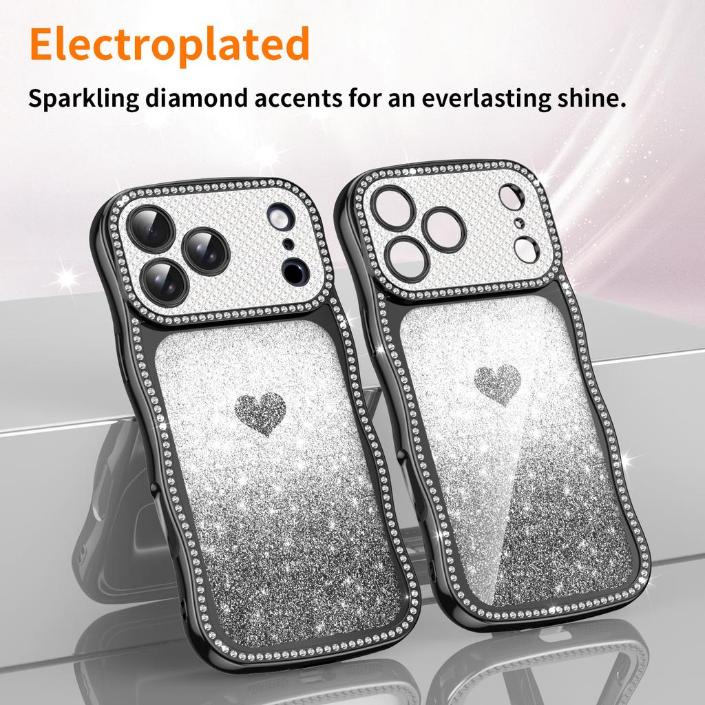 For iPhone 17 Promax/16 Pro/15 Plus Heart design Diamond Soft tpu gel cover case, Bling Bling Chrome case for iPhone 13/14 Pro