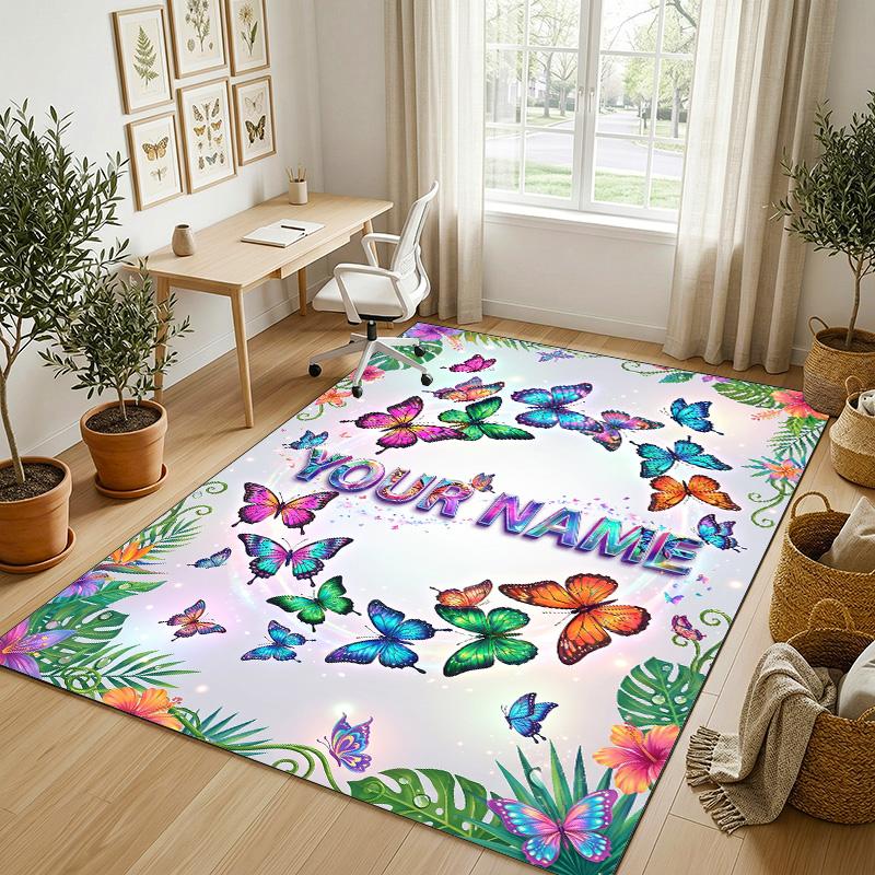 Butterfly Theme Crystal Velvet Rug Personalized Custom Name Text Soft Floor Mat Home Decor