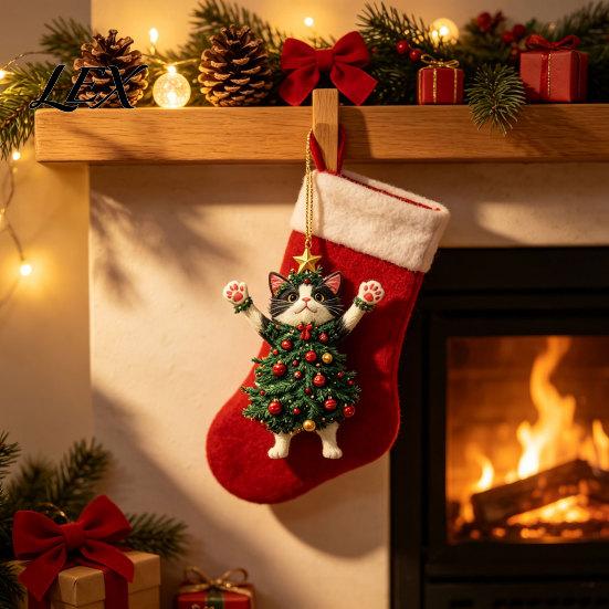 Party Favors for Christmas 2Pcs Cat Acrylic Ornament, 2D Flat Kitty Hanging Pendant with Holiday Supplies Santa Hat Tree Decor, Car Rearview