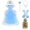 Синие платья принцессы для девочек, костюм для косплея, праздничное платье с роскошными аксессуарами
