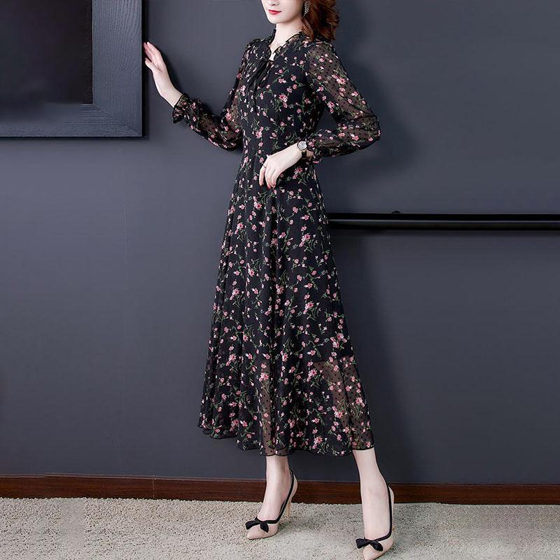 Черное шифоновое платье с принтом, женское темпераментное платье с цветочным принтом, дизайн талии, платье большого размера в стиле Харадзюку, весна-лето
