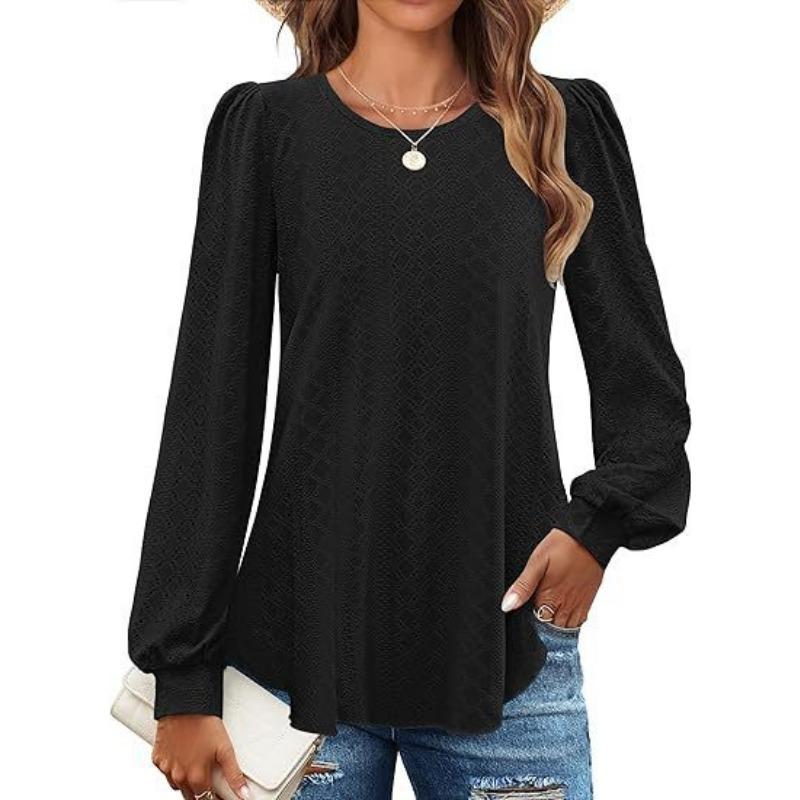 Женские модные повседневные весенне-осенние однотонные блузки и рубашки с круглым вырезом с длинными рукавами и принтом