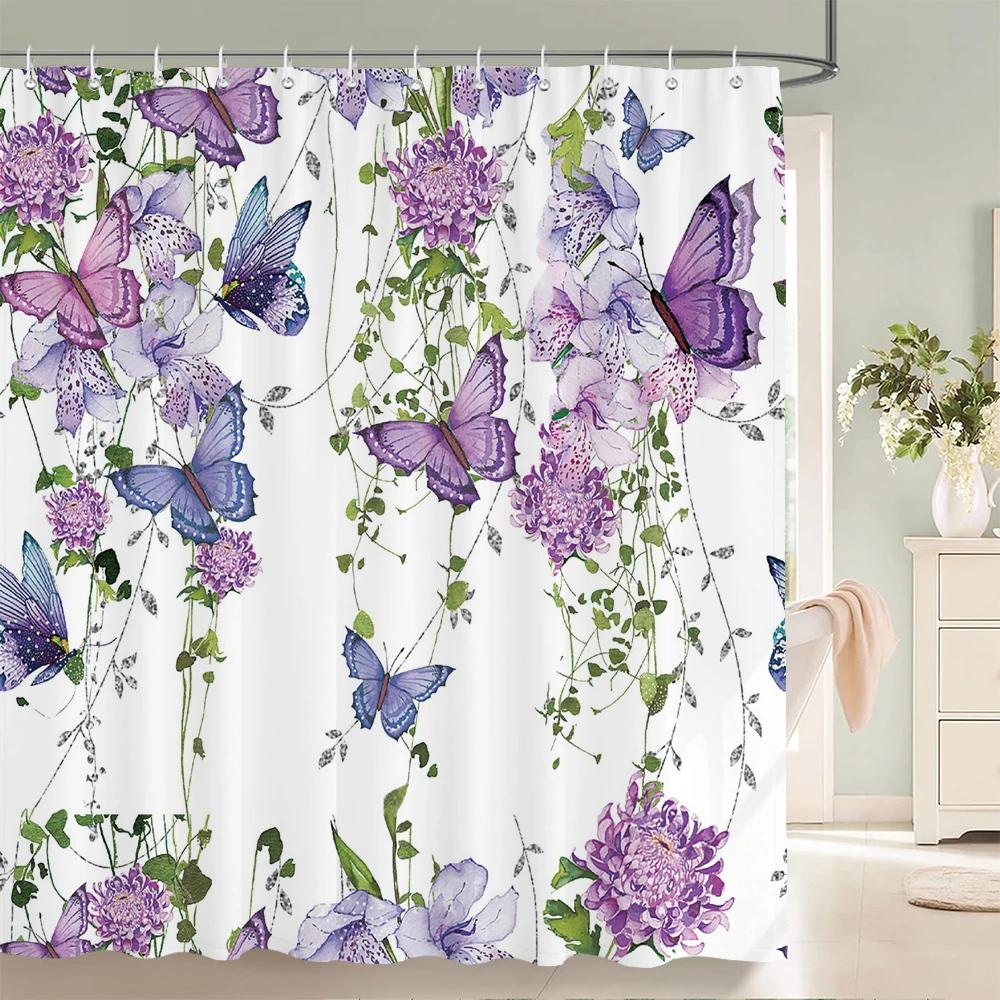 Flowers Butterfly Shower Curtain Fantasy Art Rose Floral Girls Waterproof Fabric Bathroom Curtain Room Decor Curtains With Hooks