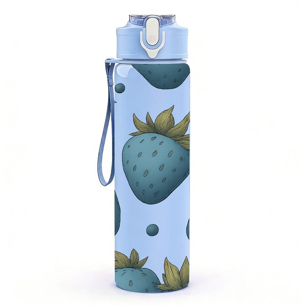 1PC Repeating Blue Strawberry Grid 750ml Color Plastic Sports Water Bottle Leakproof Flip Straw Lid For Sports Office Home Use