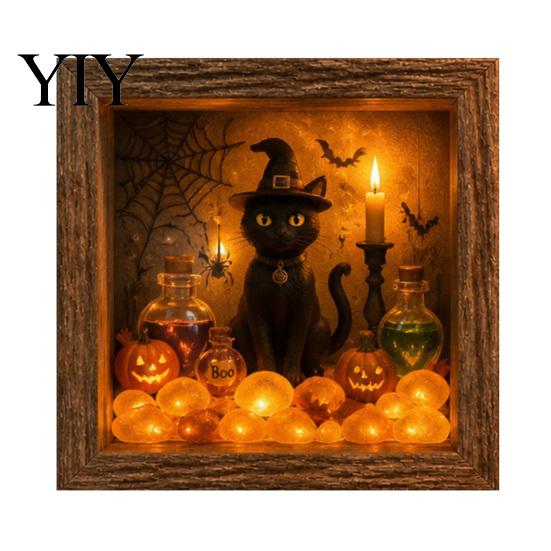 Wood Glass Picture Frame Halloween Shadow Box DIY Lighted Craft Kit, Wooden Night Light with Decorative Display Sea Stones, Gothic LED Memory Case for
