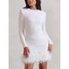 Women's Sexy Dress Long Sleeve Solid Color Sequin Feather Dress Round Neck Women