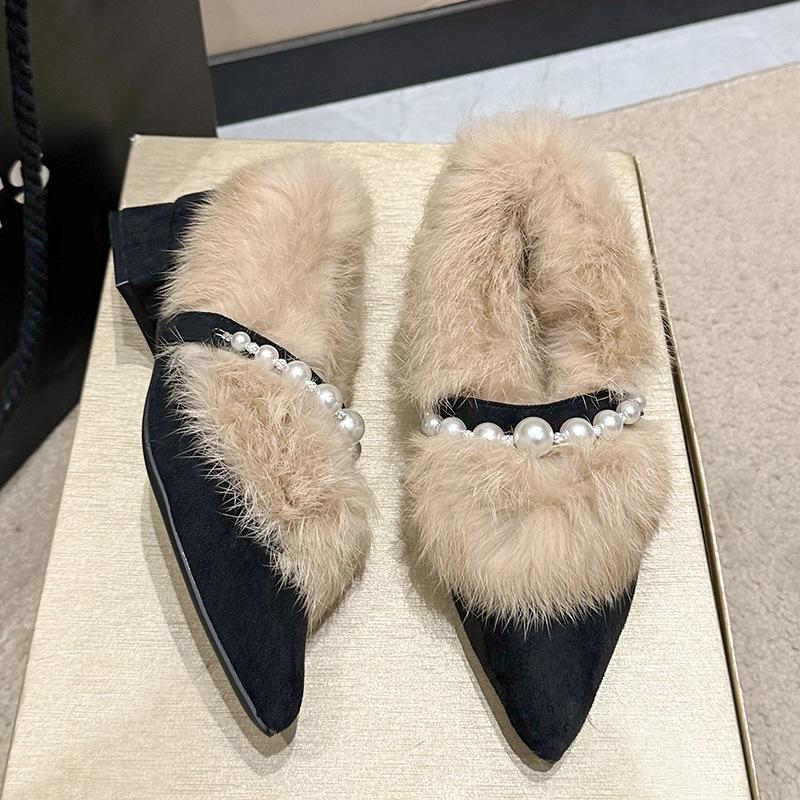 Pointed Fashion Mary Jane Shoes Women's Winter New Fluffy Thick Heel Single Shoes Foreign Style Sweet Warm Fluffy Shoes