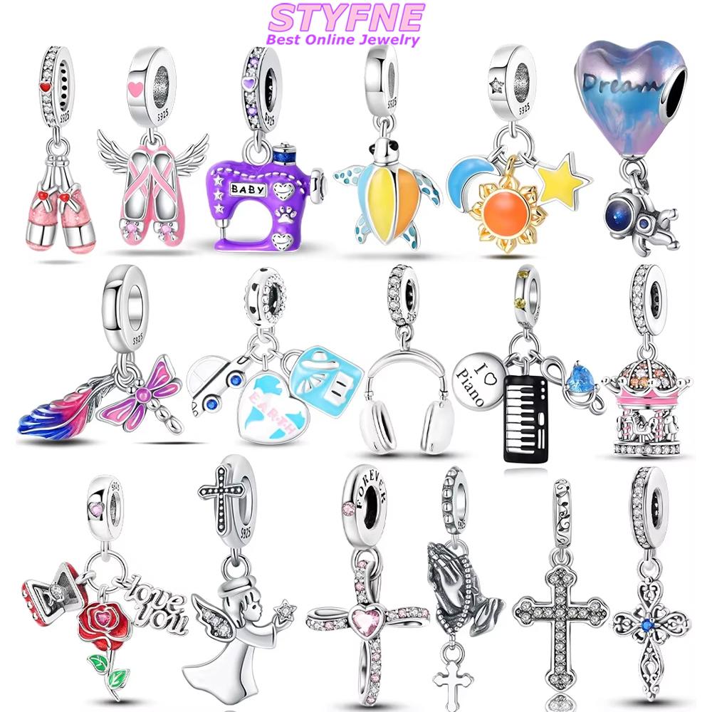 925 Silver Bracelet Diy Anniversary Gift Jewelry Charms Beads Colorful Air Balloon Cross Angel Red Rose Beads