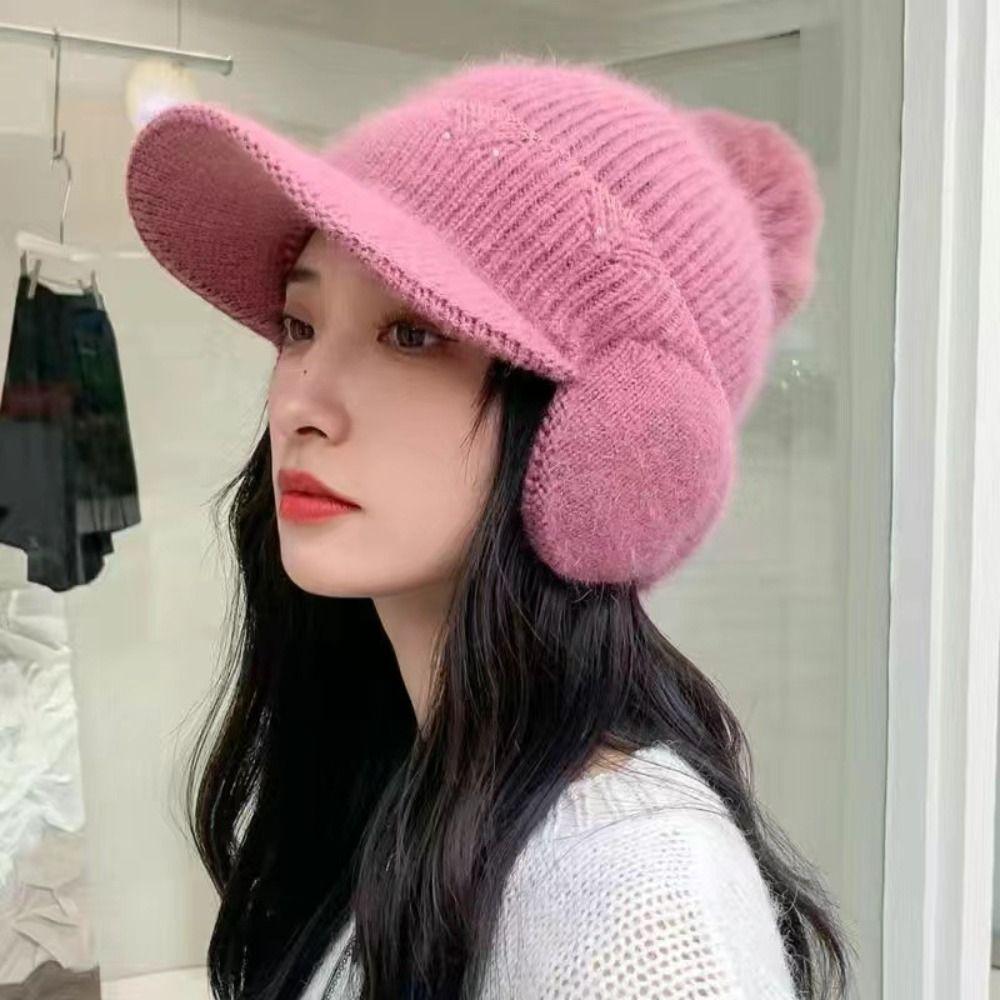 Solid Color Earflaps Hat Windproof Knitted Baseball Hat Fashion Plush Peaked Cap  Ladies