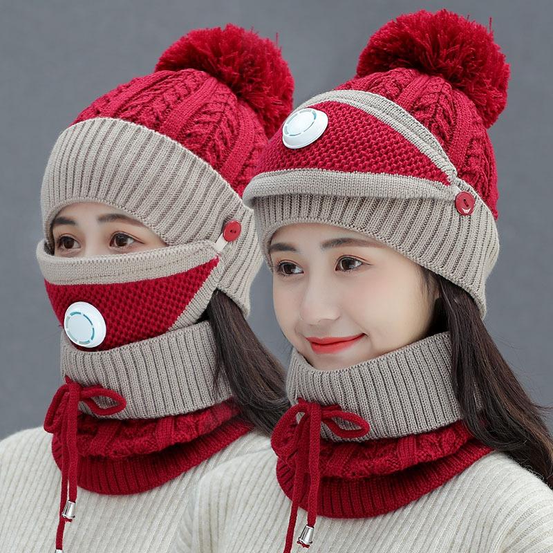 Autumn and Winter Woolen Hat Set Ladies Warm Plus Velvet Knitted Woolen Hat Bib Two-piece Woolen Hat
