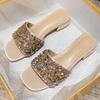Тапочки для женщин 2025 Новые летние сандалии на толстом каблуке со стразами для женщин на плоской подошве для женщин уличные сандалии