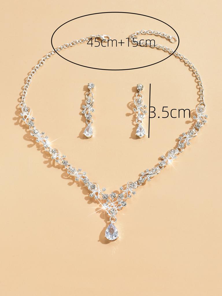3pcs Women's Fashionable Zircon Set with Rhinestones, Zircon, Water Droplets, Necklace, Earrings, Wedding Dress Accessories