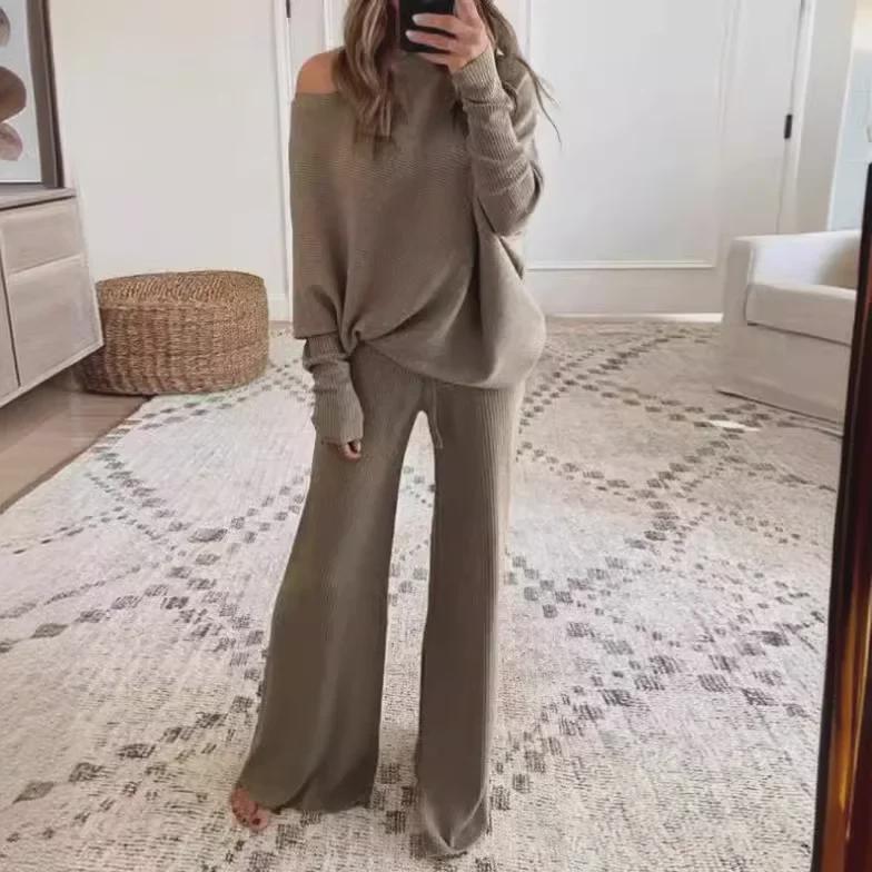 Весенняя коллекция 2024 г.: Европейский и американский женский повседневный трикотажный костюм на одно плечо