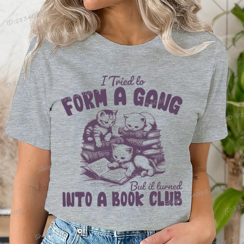 Retro Funny Reading Shirt for Women Into A Book Club Cat Graphic Tee Clothes Bookish Gifts Shirt Design Retro Librarian Tshirt