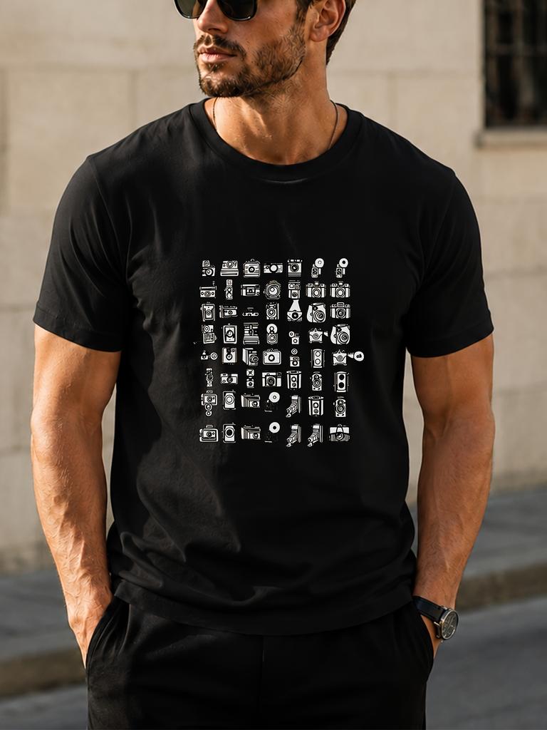 1pc Retro Camera Pattern unisex T-Shirt with Print Design - Suitable for Casual Wear, Casual And Versatile, Summer Item, Pure Top