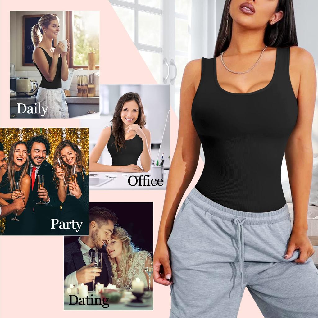 Women Compression Shapewear Bodysuit Tummy Control Leotard Slimming Body Shaper Waist Trainer Romper Scoop Neck Tank Top Jumpsuits Vest