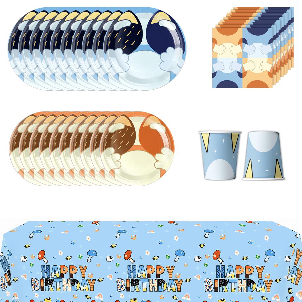 51 шт. принадлежности для вечеринок Blue Dog Bluey включают скатерть, тарелки, чашки, салфетки