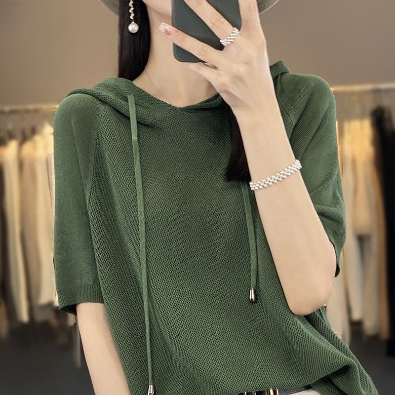 Ice Silk Hooded Short Sleeve Knitted T-Shirt Women's Hoodie Solid Color Wearing Hat Five Quarter Sleeve Thin Hoodie