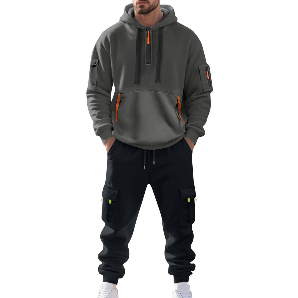 Men's Solid Color Casual Suit Loose Sports Hooded Sweatshirt With Pockets Multi Pocket Overalls Suit