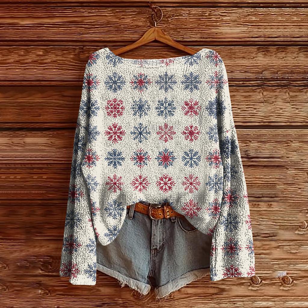 Women's Christmas Print Lightweight Sweater Casual Long Sleeve Knitted Pullover